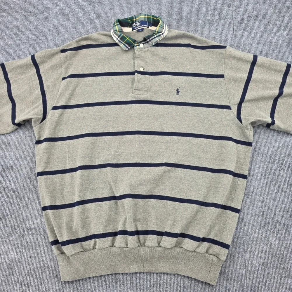 Polo Ralph Lauren Mens Gray Navy Striped Rugby Shirt Plaid Collar Large